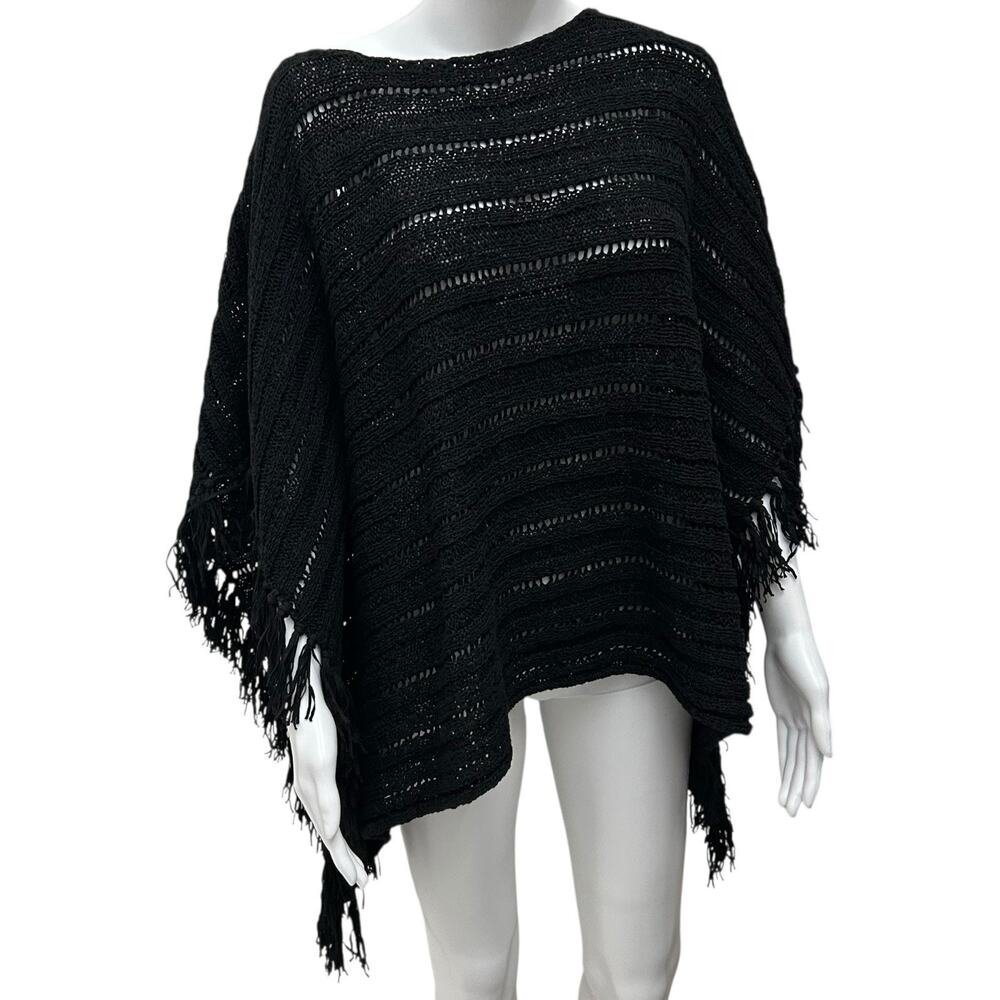 Lauren Ralph Lauren Asymmetrical Black Crochet Knit Tassel Fringe Poncho Shawl